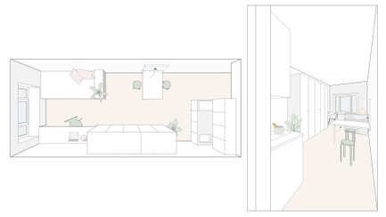 Grundriss und perspektivische Ansicht eines schlichten Apartments mit Bett, Tisch, Stühlen, Schrank und Pflanzen.