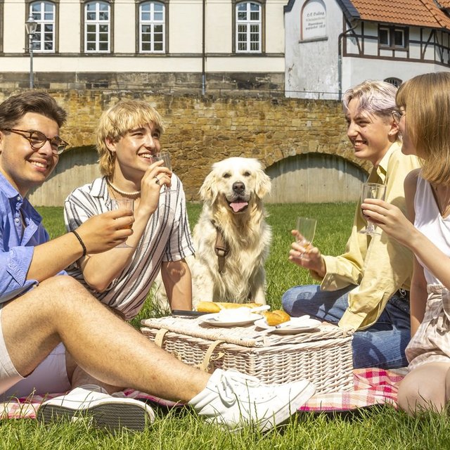 Vier junge Menschen sitzen mit einem Hund auf einer Picknickdecke auf einer Wiese vor historischen Gebäuden unter blauem Himmel.