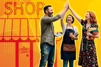 Plakat zum Förderprojekt „GetStarted“ mit gelb-orangem Hintergrund, stilisiertem Ladenmotiv und drei jubelnden Personen beim High-Five; dazu Slogan „Dein Business. Deine Chance.“ sowie QR-Code und Aufruf zur Bewerbung in Peine.