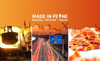 Grafik „Made in Peine – Menschen · Wirtschaft · Visionen“ mit orangefarbenem Hintergrund, Stadtsilhouette von Peine sowie Bildmotiven aus Industrie, Verkehrsinfrastruktur und regionalen Produkten.