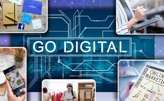 Grafik mit dem Schriftzug „GO DIGITAL“ und Motiven zu Online-Marketing, Social Media und digitaler Arbeit im Kontext der Digitalisierung des Peiner Handels
