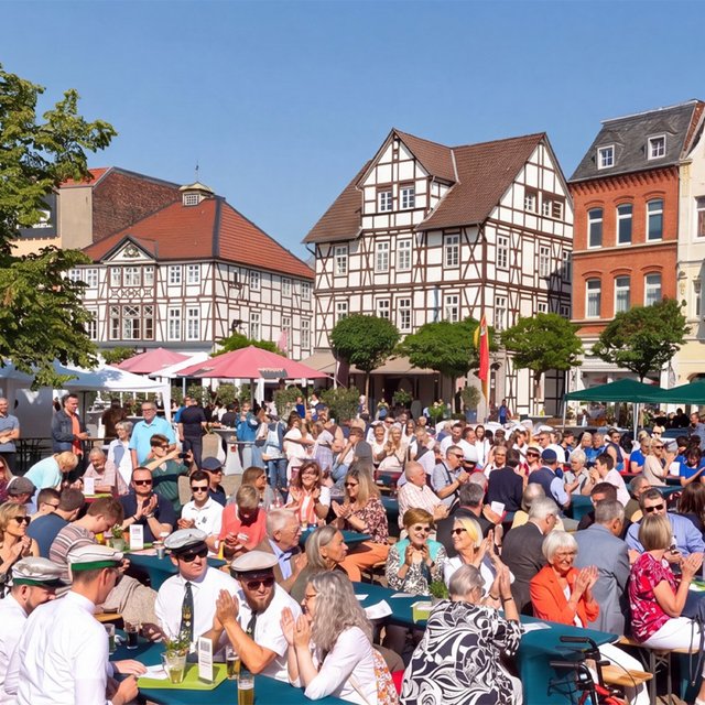 Besucher sitzen und stehen auf dem historischen Marktplatz in Peine und verfolgen ein Jubiläumsprogramm