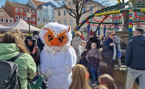 Osterbrunnenfest auf dem Marktplatz in Peine mit Uhlinchen, Familien und fröhlicher Frühlingsstimmung.