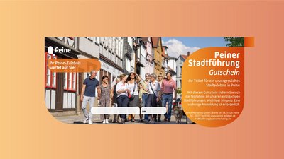 Das Bild zeigt ein Beispiel für einen Gutschein für eine Stadtführung in Peine. 