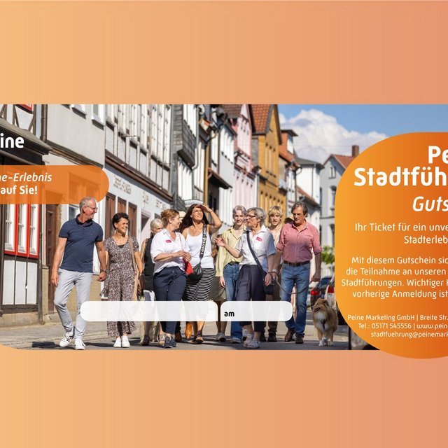 Das Bild zeigt ein Beispiel für einen Gutschein für eine Stadtführung in Peine. 