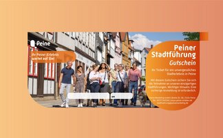 Das Bild zeigt ein Beispiel für einen Gutschein für eine Stadtführung in Peine. 