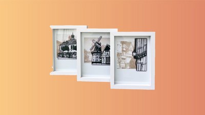 Das Bild zeigt drei gerahmte Bilder mit gemalten Motiven aus Peine. 