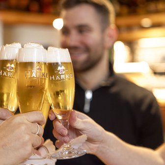 Auf diesem Bild halten junge Menschen ein Glas Bier in der Hand und st0ßen an. 