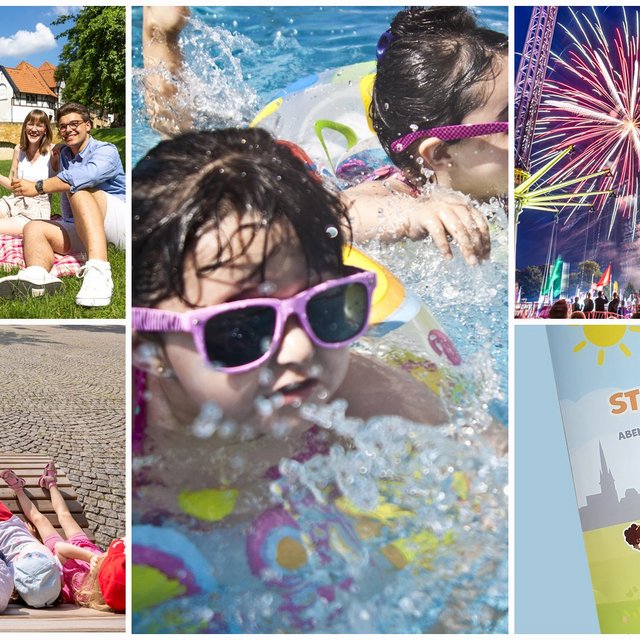 Das Bild ist eine Komposition von mehreren Bildern, die Eindrücke von Peine zeigen, beispielsweise das Feuerwerk zum Peiner Freischießen, Baden gehen im P3 oder picknicken im Burgpark. 
