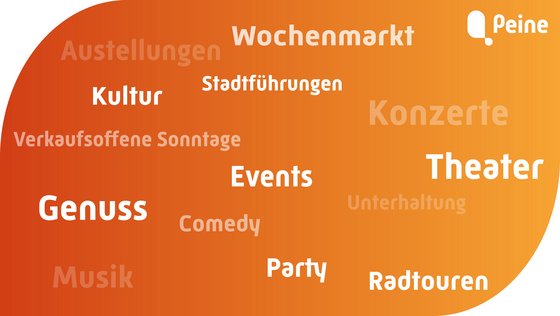 Das Bild zeigt eine Sprechblase mit Schlagworten die zum Thema Veranstaltungen passen. 