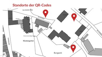 Das Bild zeigt einen Überblick über die Standorte der QR-Code für die virtuelle Burg Peine.