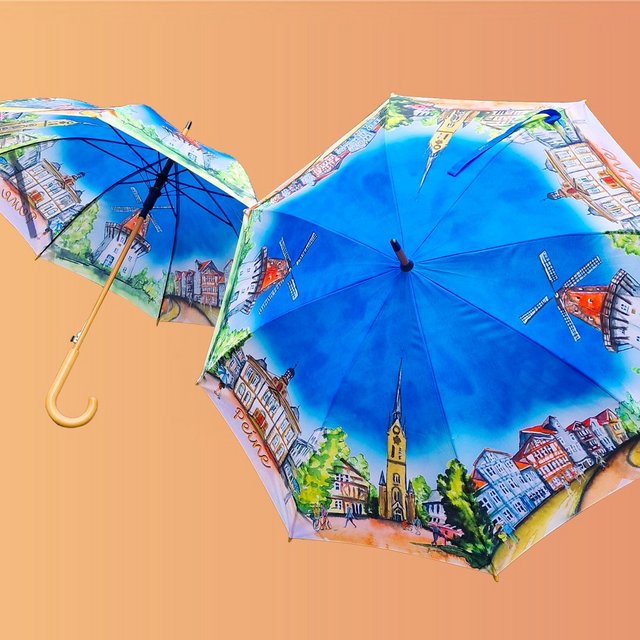Das Bild zeigt zwei bunte Regenschirme mit gemalten Motiven aus Peine drauf. 