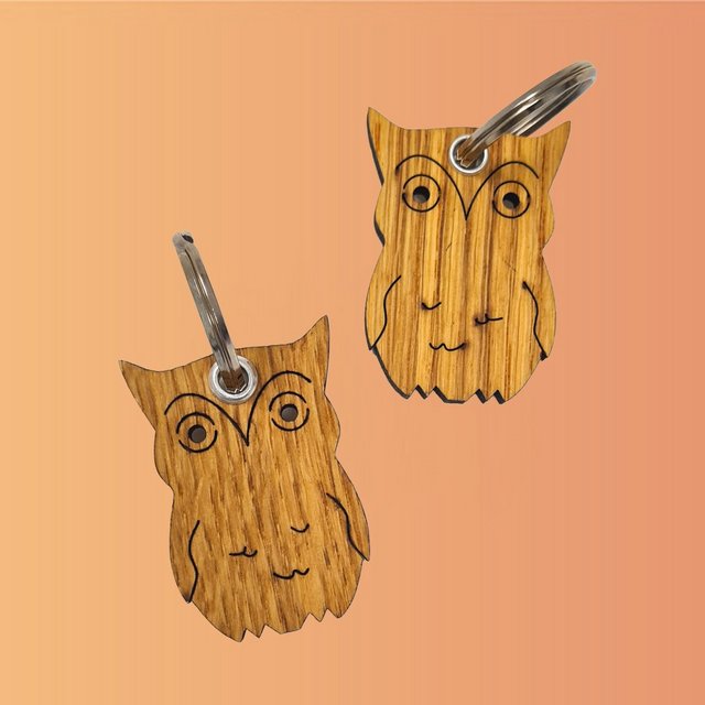 Das Bild zeigt zwei Schlüsselanhänger aus Holz in Form einer Eule. 