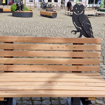Das Bild zeigt eine Bank mit einer stiliserten Eule auf dem Historischen Marktplatz in Peine, was als Kunst im öffentlichen Raum gilt. 